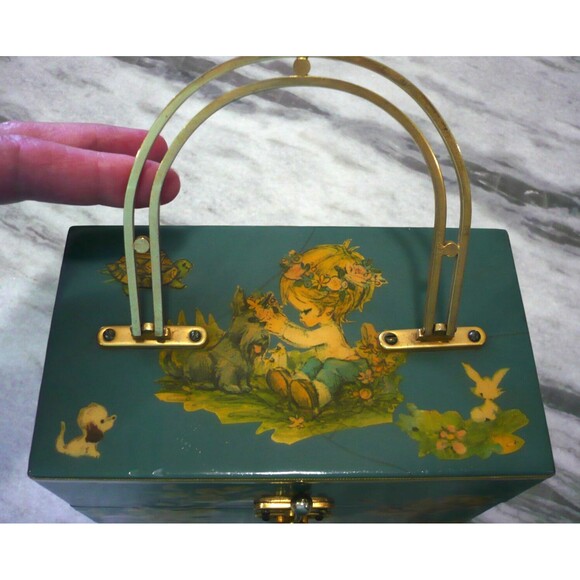 Vtg Handmade Cottagecore Wooden Purse Decoupage Whimsical Makeup Trinket Box - Picture 4 of 16